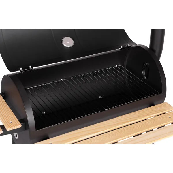Nagyméretű kerti grill hőmérővel, kéménnyel, 3 polccal és kerekekkel