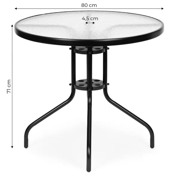 Multigarden kerti üvegasztal 80cm, fekete, napernyő lyukkal