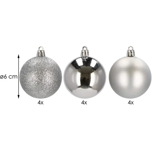Törhetetlen ezüst karácsonyfadísz gömb szett, 6 cm, 12 db