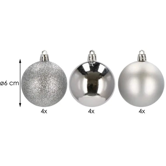 Törhetetlen ezüst karácsonyfadísz gömb szett, 6 cm, 12 db