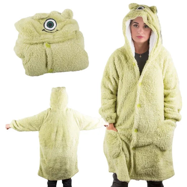 Zöld oversize XL kapucnis takaró pulóver, bolyhos, gombos, 100% pamut