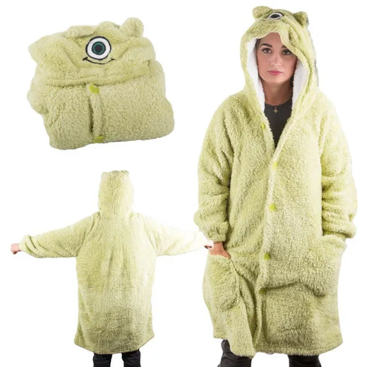 Zöld oversize XL kapucnis takaró pulóver, bolyhos, gombos, 100% pamut