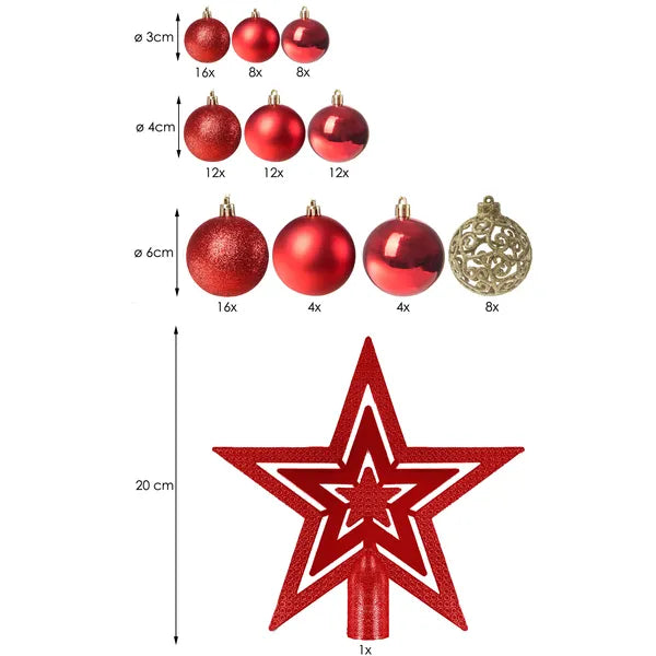 Törhetetlen karácsonyi gömbkészlet 101 db, 3-6 cm, piros-arany