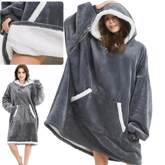 Szürke oversize kapucnis takaró pulóver, XXL uniszex, vastag plüss