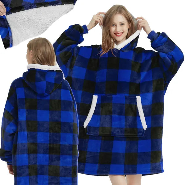 Meleg oversize kapucnis takaró-pulóver XXL, kék kockás, unisex