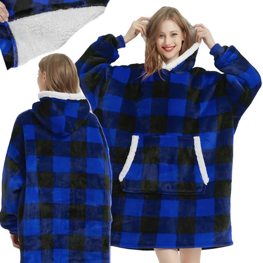 Meleg oversize kapucnis takaró-pulóver XXL, kék kockás, unisex