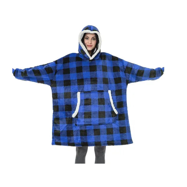 Meleg oversize kapucnis takaró-pulóver XXL, kék kockás, unisex
