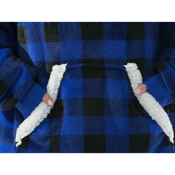 Meleg oversize kapucnis takaró-pulóver XXL, kék kockás, unisex