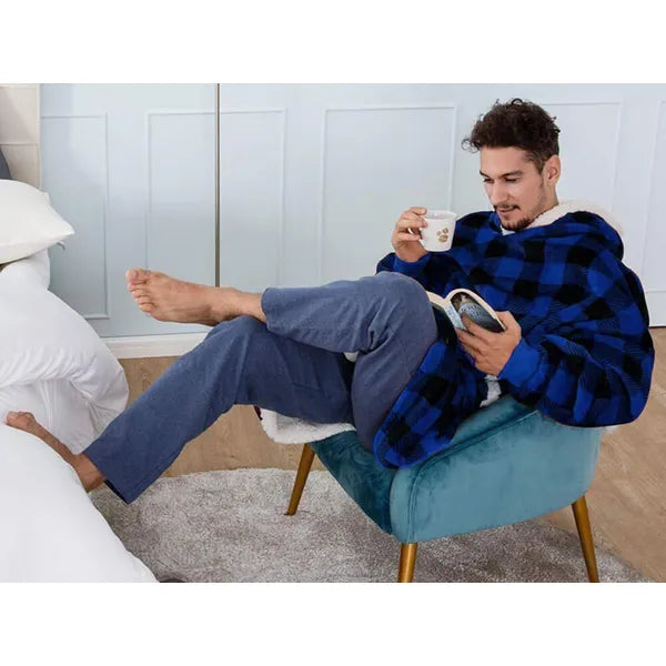 Meleg oversize kapucnis takaró-pulóver XXL, kék kockás, unisex