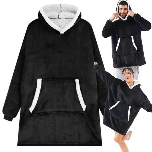 Fekete oversize XXL kapucnis takaró pulóver, pihe-puha teddy anyag