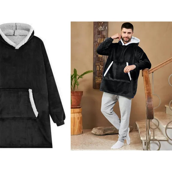 Fekete oversize XXL kapucnis takaró pulóver, pihe-puha teddy anyag
