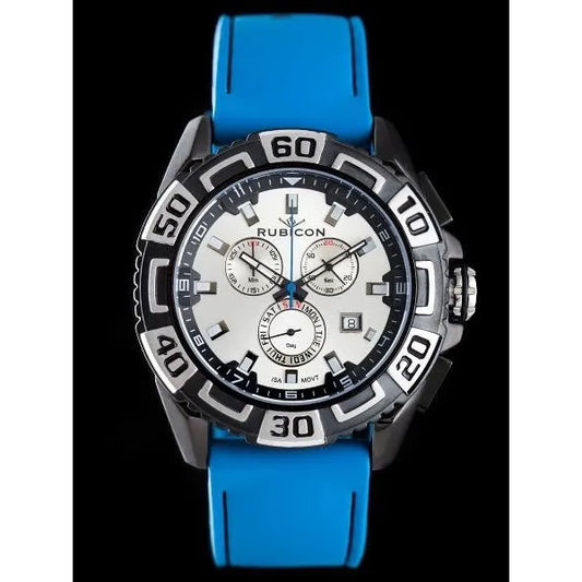 Férfi kronográf karóra, kék szilikon szíj, 48 mm, WR50