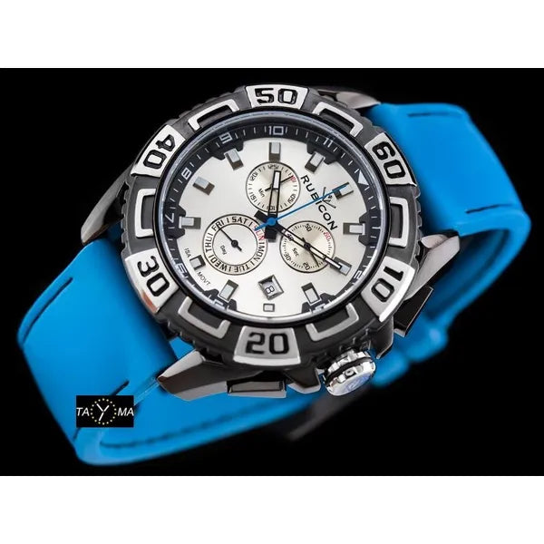 Férfi kronográf karóra, kék szilikon szíj, 48 mm, WR50