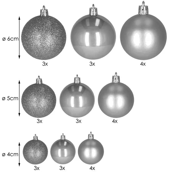 Karácsonyfadísz gömbkészlet 30 db, 4-6 cm, szürke-ezüst, törhetetlen