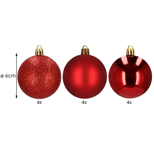 Piros törhetetlen karácsonyfa gömb dísz készlet, 6 cm, 12 db