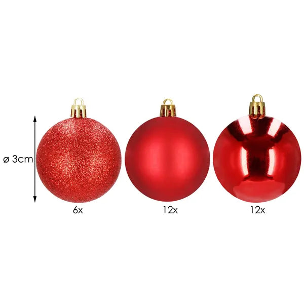 Karácsonyfagömb szett, 30 db, 3 cm, piros, törhetetlen műanyag
