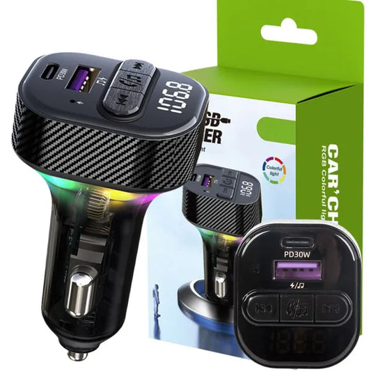 Autós FM Bluetooth 5.3 transzmitter, USB-C PD 30W + USB-A QC3.0 töltő, LED