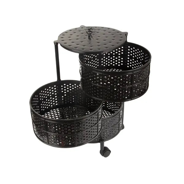 Fekete, 3 szintes műanyag tárolókocsi fékezhető kerekekkel, 55 cm