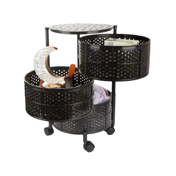 Fekete, 3 szintes műanyag tárolókocsi fékezhető kerekekkel, 55 cm