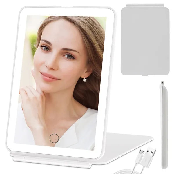 Összecsukható LED-es akkus sminktükör, hordozható 20×13,5 cm, fehér