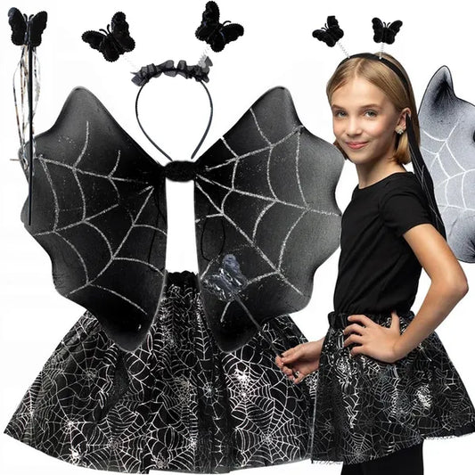 Lány Halloween jelmez szett: tüll szoknya, pókhálós szárny, fejpánt, pálca