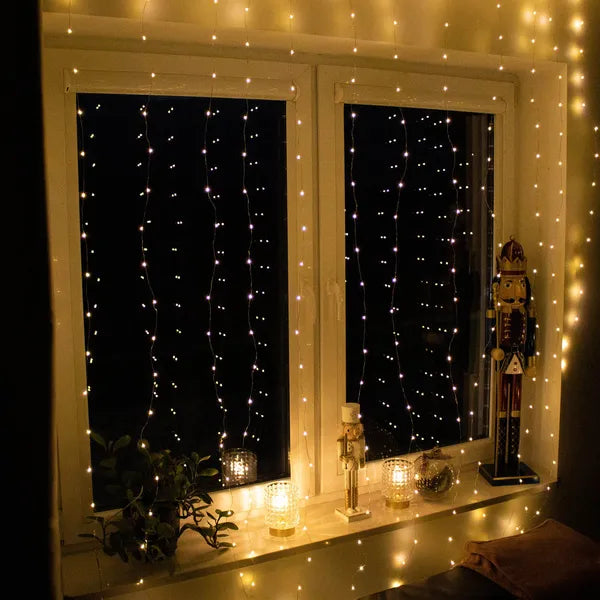 Függöny fényfüzér 3x3 m, 300 meleg fehér LED, USB 5V, távkapcsoló
