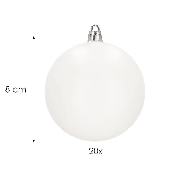 Törhetetlen fehér matt karácsonyfadísz gömb 8 cm, 20 db