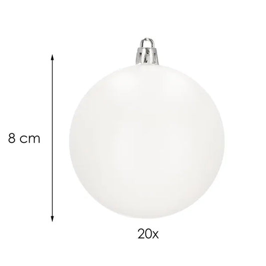 Törhetetlen fehér matt karácsonyfadísz gömb 8 cm, 20 db
