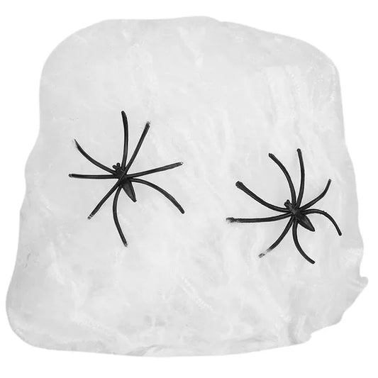 Rugalmas fehér pókháló dekoráció műpókokkal, Halloweenre