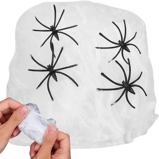Műpókháló 4 darab pókkal, fehér, nyújtható halloween dekoráció