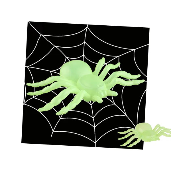 Halloween fluoreszkáló műanyag pók dekor szett, 2 db, 11 cm, zöld