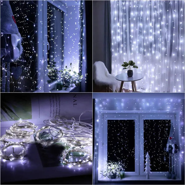 LED függöny fényfüzér 200 db hideg fehér, USB, IP44, 2×2 m