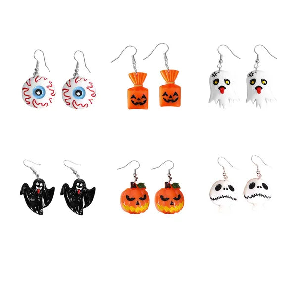 Halloween fülbevaló szett, műanyag, 6 féle minta (szem, szellem, tök)