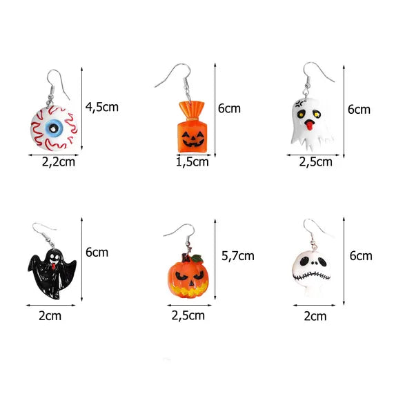 Halloween fülbevaló szett, műanyag, 6 féle minta (szem, szellem, tök)