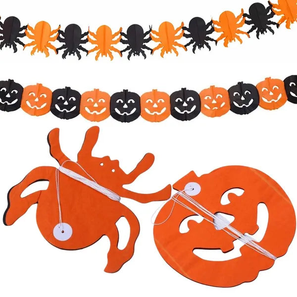Halloween papír girland, 3 m, tök- és pók mintával, narancs/fekete