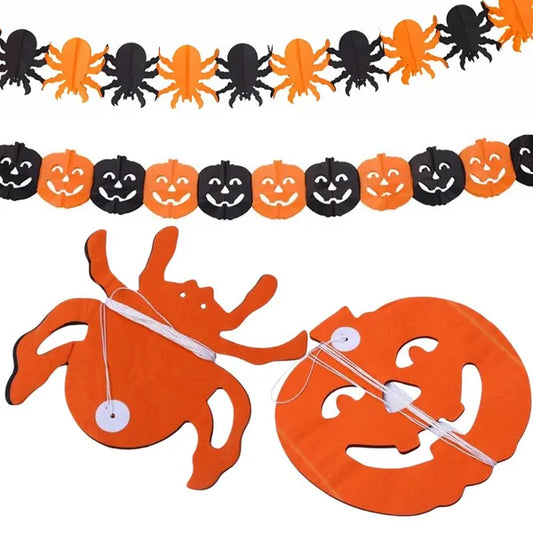 Halloween papír girland, 3 m, tök- és pók mintával, narancs/fekete