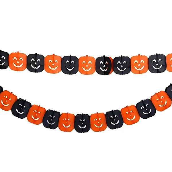 Halloween papír girland, 3 m, tök- és pók mintával, narancs/fekete