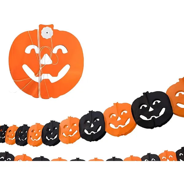 Halloween papír girland, 3 m, tök- és pók mintával, narancs/fekete