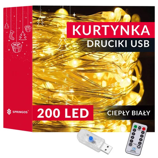LED fényfüggöny 2×2 m, 200 meleg fehér LED, USB táp, távirányító
