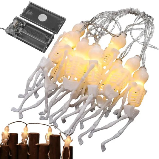 LED Halloween fényfüzér, 10 csontváz, meleg fehér, 2 m, elemes