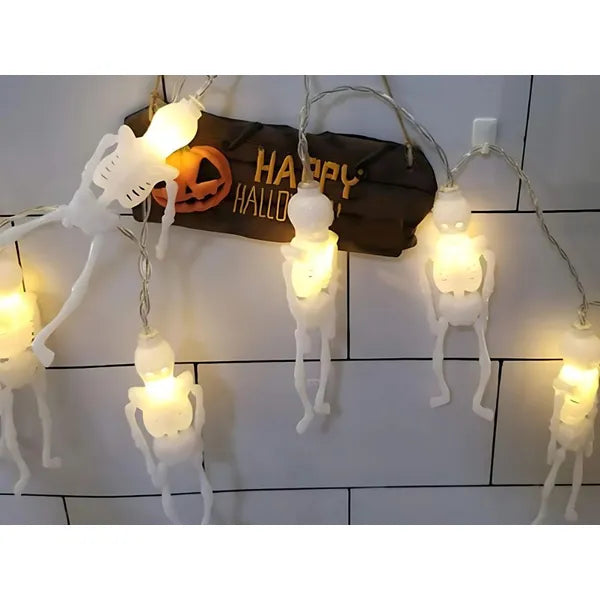 LED Halloween fényfüzér, 10 csontváz, meleg fehér, 2 m, elemes