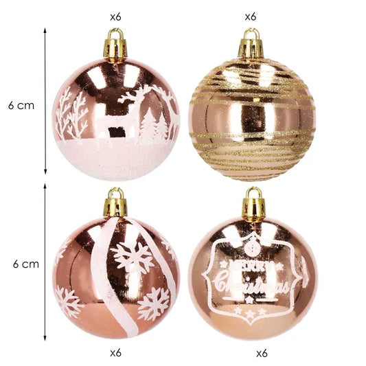 Karácsonyfadísz gömbkészlet 24 db, 6 cm, arany-rózsaszín, törhetetlen