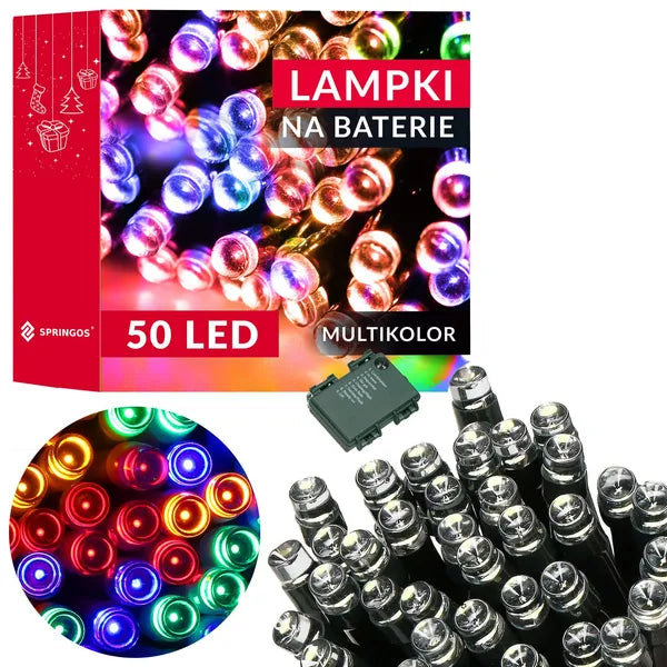 50 LED-es színes fényfüzér, elemes, IP44, 5 m, időzítő