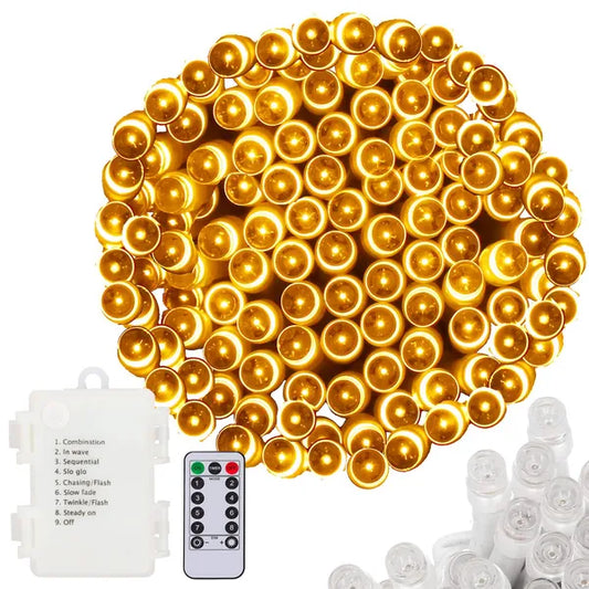 Melegfehér 100 LED-es elemes fényfüzér, 10 m, távirányító, IP44