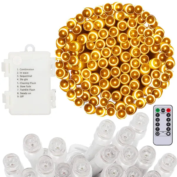 Melegfehér 100 LED-es elemes fényfüzér, 10 m, távirányító, IP44
