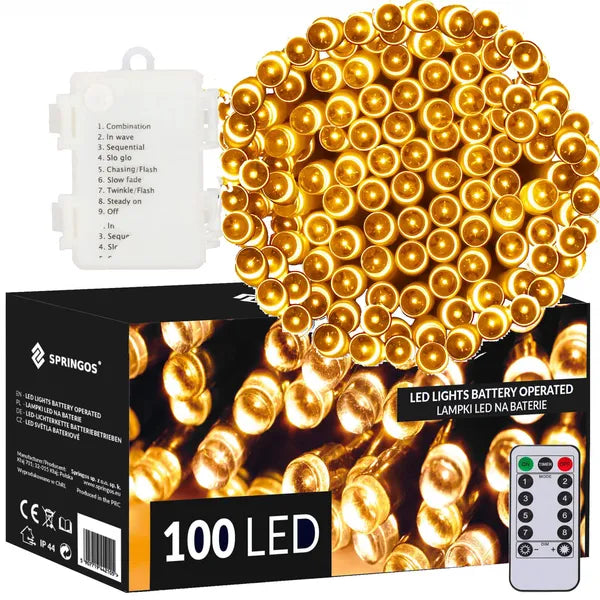 Melegfehér 100 LED-es elemes fényfüzér, 10 m, távirányító, IP44