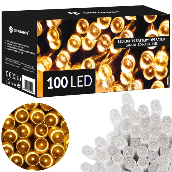 Melegfehér 100 LED-es elemes fényfüzér, 10 m, távirányító, IP44