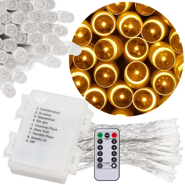 Melegfehér 100 LED-es elemes fényfüzér, 10 m, távirányító, IP44