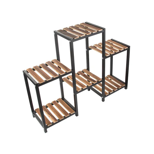 6 polcos fa-fém virágtartó állvány, barna, 96×25×74 cm