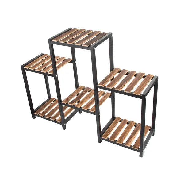 6 polcos fa-fém virágtartó állvány, barna, 96×25×74 cm